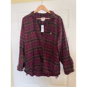 NWT American Eagle Flannel Top, Lace-Up Detail, Size L